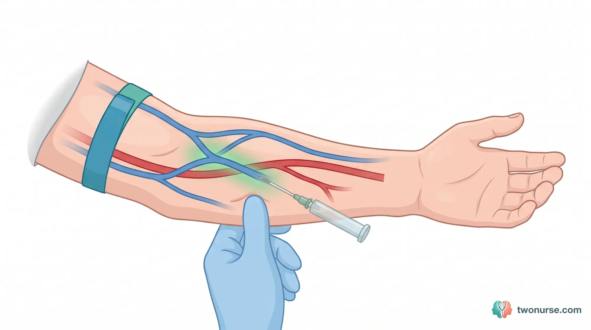 Illustrazione del prelievo venoso: laccio sopra il gomito, vena mediana cubitale evidenziata come sede di puntura tra vena cefalica e basilica, arteria brachiale più profonda, ago inserito con angolo basso e mano guantata che tende la cute
