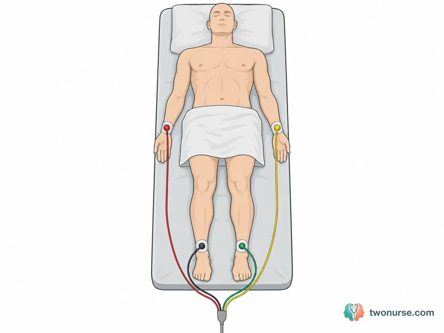 Paziente supino con quattro elettrodi adesivi applicati ai polsi e alle caviglie per la registrazione di un ECG a 12 derivazioni