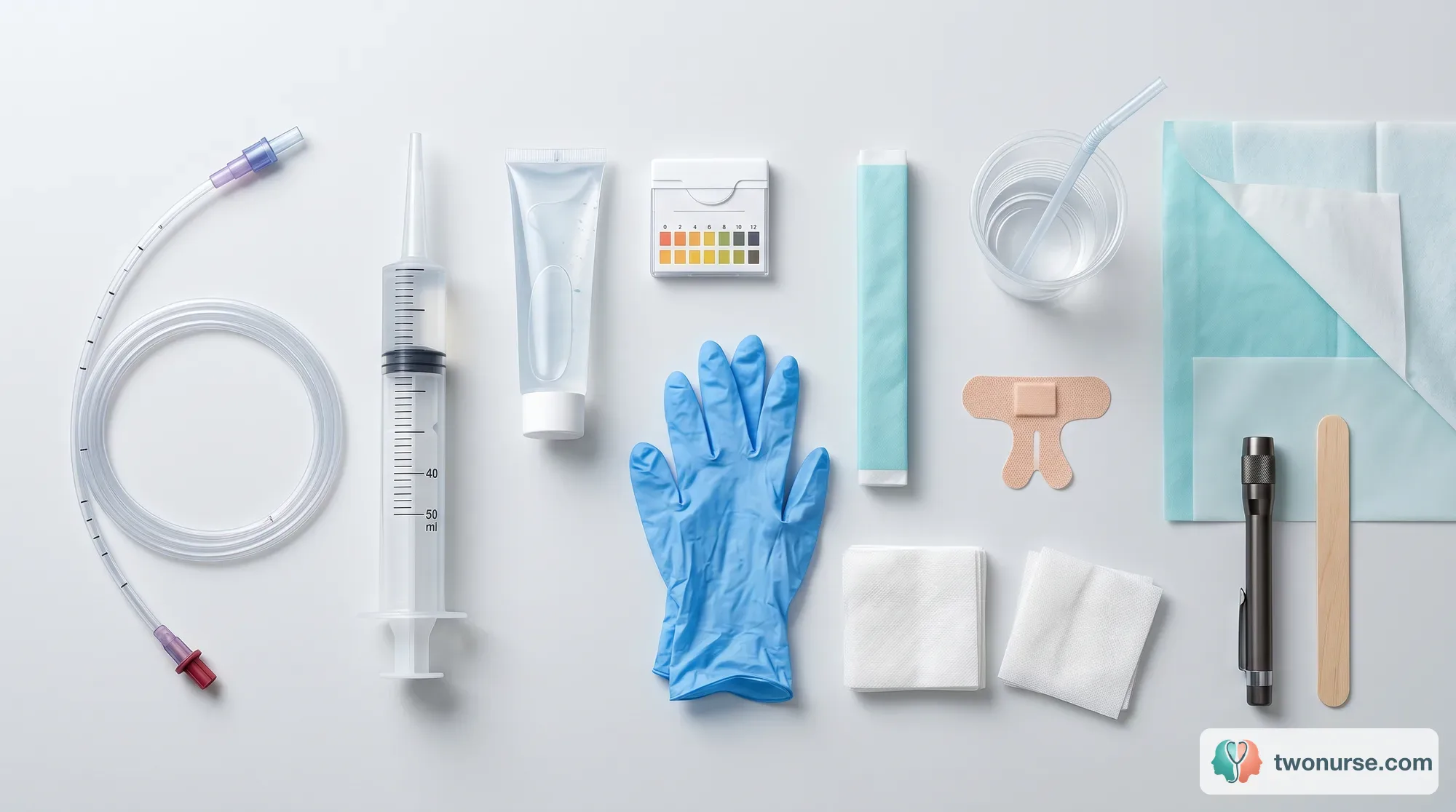 Materiale per il posizionamento del sondino naso-gastrico visto dall'alto: sondino, siringa da 50 ml, lubrificante, cartine pH, guanti, garze, cerotto fermatubo, telino, torcia e abbassalingua
