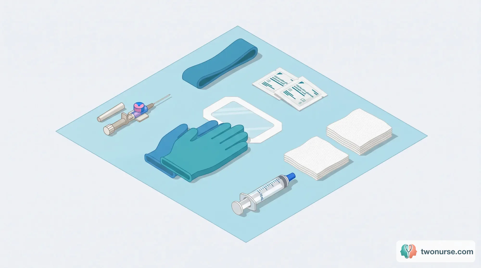 Vista isometrica dei materiali per l'accesso venoso periferico: tourniquet, catetere, garze sterili e medicazione trasparente