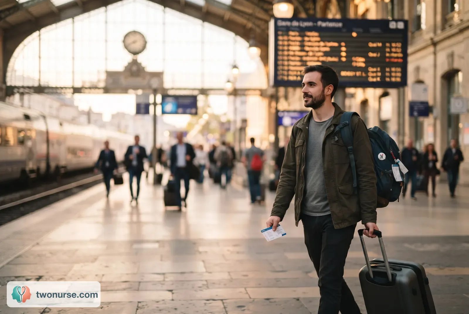 Giovane con zaino e trolley in una stazione ferroviaria europea, con il biglietto in mano