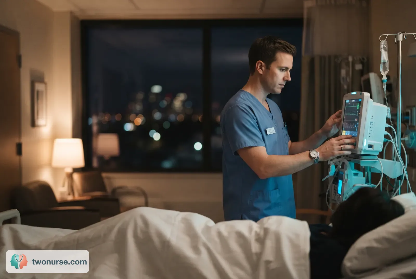 Infermiere in casacca blu che controlla un monitor in una stanza di degenza di notte